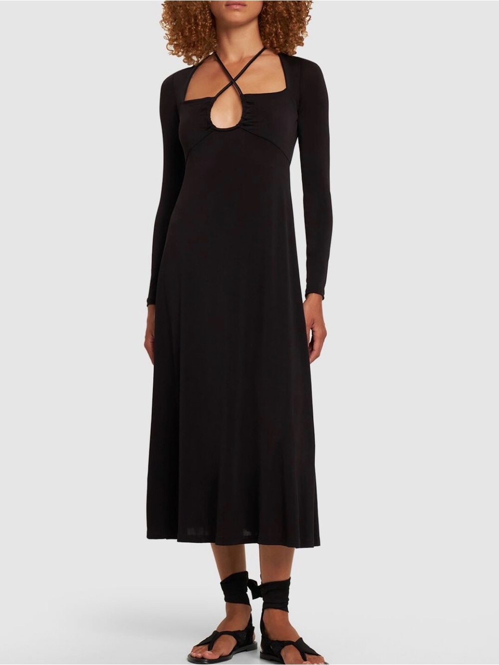 Johanna Ortiz Black Tapestry of Time Long-Sleeve Maxi Dress with Front Keyhole